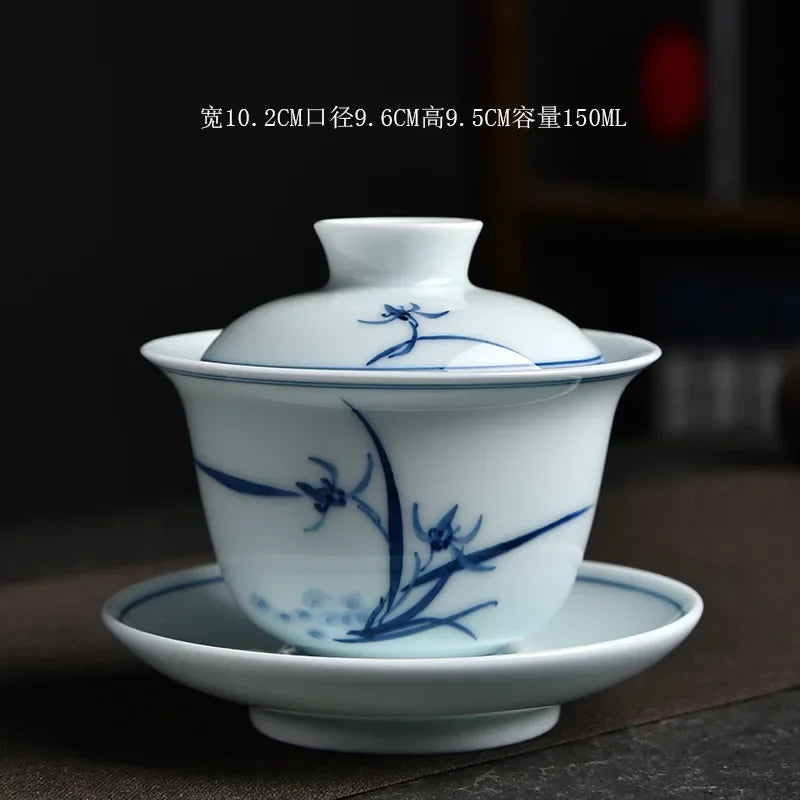 Chinese Ceramic Tea Tureen Set Hand-Painted Sancai Gaiwan Gongfu Tea Set Celadon Bamboo Tea Bowl Cups Teaware