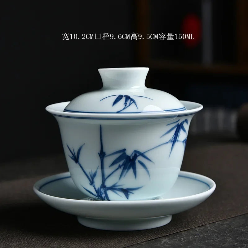 Chinese Ceramic Tea Tureen Set Hand-Painted Sancai Gaiwan Gongfu Tea Set Celadon Bamboo Tea Bowl Cups Teaware