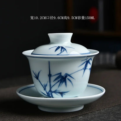 Chinese Ceramic Tea Tureen Set Hand-Painted Sancai Gaiwan Gongfu Tea Set Celadon Bamboo Tea Bowl Cups Teaware