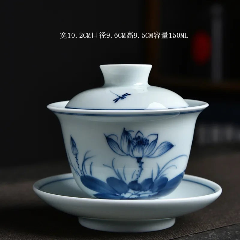 Chinese Ceramic Tea Tureen Set Hand-Painted Sancai Gaiwan Gongfu Tea Set Celadon Bamboo Tea Bowl Cups Teaware