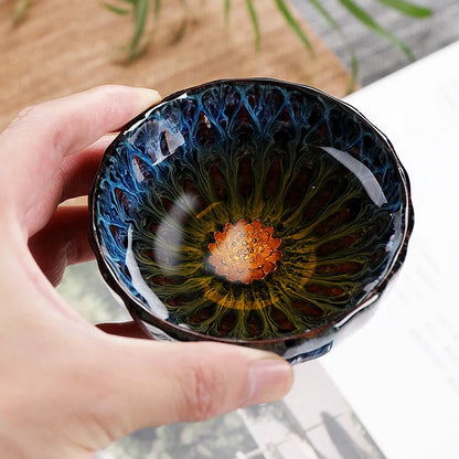 Chinese Ceramic Teacup Multicolor Kiln Fambe Japanese Style Retro Handmade Tea Cup Temmoku Glaze TeaSet Home Tea Bowl Master Cup
