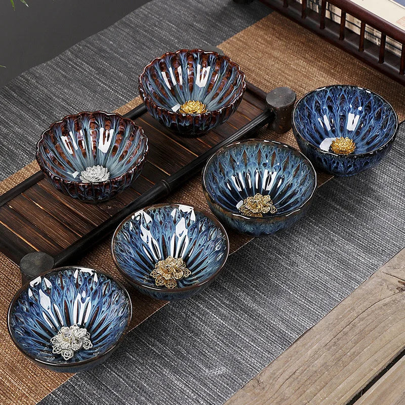 Chinese Ceramic Teacup Multicolor Kiln Fambe Japanese Style Retro Handmade Tea Cup Temmoku Glaze TeaSet Home Tea Bowl Master Cup