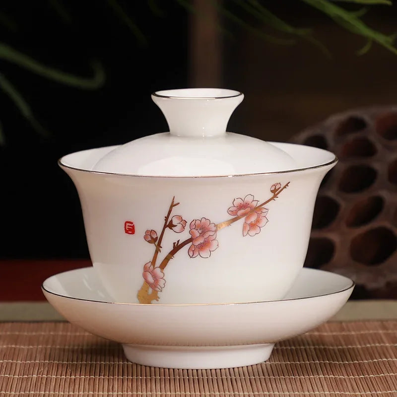 Chinese Ceramic White Gaiwan Tea Set Kung Fu Teaware Home Porcelanas Tea Bowl Pigmented Tea Cup Set Handmade Tea Tureen