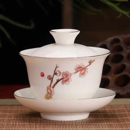 Chinese Ceramic White Gaiwan Tea Set Kung Fu Teaware Home Porcelanas Tea Bowl Pigmented Tea Cup Set Handmade Tea Tureen