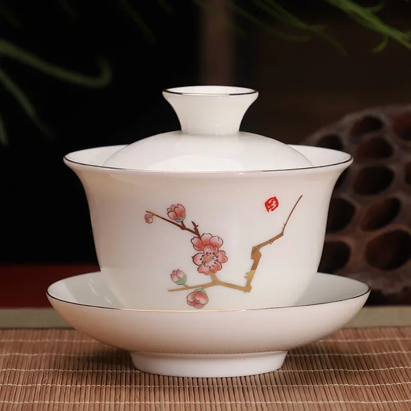 Chinese Ceramic White Gaiwan Tea Set Kung Fu Teaware Home Porcelanas Tea Bowl Pigmented Tea Cup Set Handmade Tea Tureen
