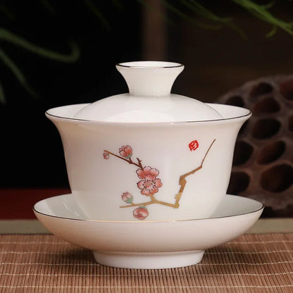 Chinese Ceramic White Gaiwan Tea Set Kung Fu Teaware Home Porcelanas Tea Bowl Pigmented Tea Cup Set Handmade Tea Tureen