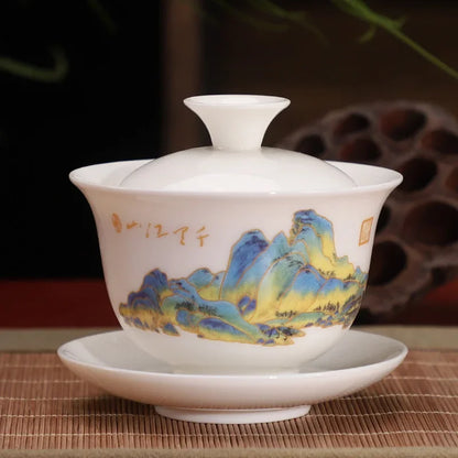 Chinese Ceramic White Gaiwan Tea Set Kung Fu Teaware Home Porcelanas Tea Bowl Pigmented Tea Cup Set Handmade Tea Tureen
