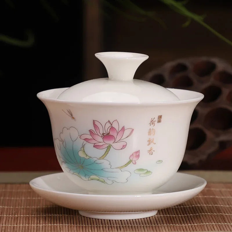 Chinese Ceramic White Gaiwan Tea Set Kung Fu Teaware Home Porcelanas Tea Bowl Pigmented Tea Cup Set Handmade Tea Tureen