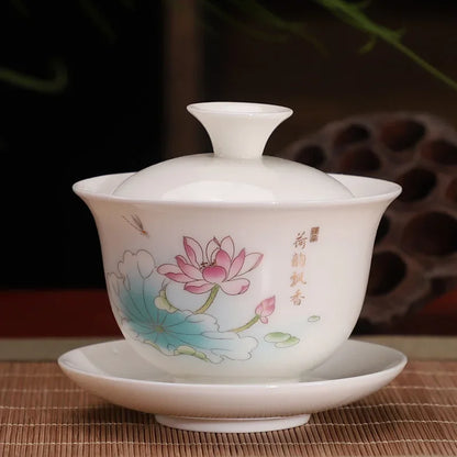 Chinese Ceramic White Gaiwan Tea Set Kung Fu Teaware Home Porcelanas Tea Bowl Pigmented Tea Cup Set Handmade Tea Tureen