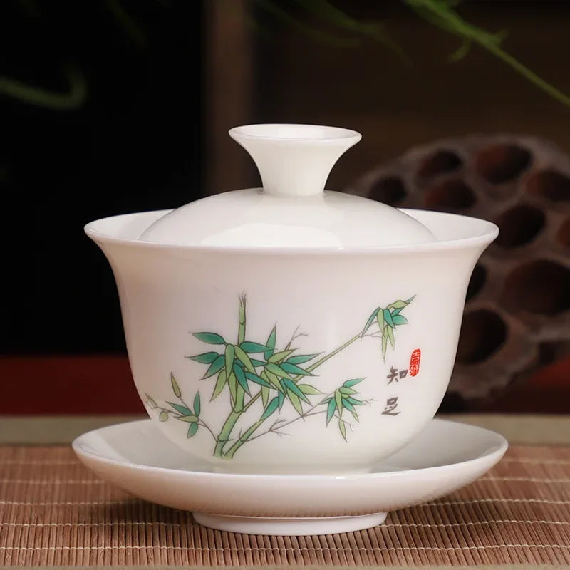 Chinese Ceramic White Gaiwan Tea Set Kung Fu Teaware Home Porcelanas Tea Bowl Pigmented Tea Cup Set Handmade Tea Tureen