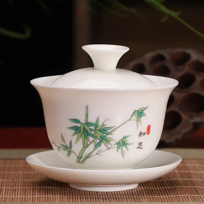Chinese Ceramic White Gaiwan Tea Set Kung Fu Teaware Home Porcelanas Tea Bowl Pigmented Tea Cup Set Handmade Tea Tureen