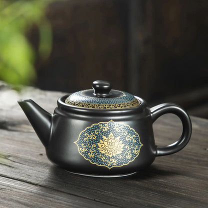 Chinese Classy Ceramic Teapot 250ml Black Teapot with Gold Inscriptions Tea Kettle Handmade Retro Gongfu Tea Pot Set Teaware