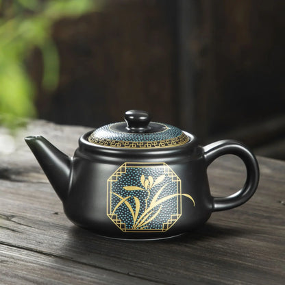 Chinese Classy Ceramic Teapot 250ml Black Teapot with Gold Inscriptions Tea Kettle Handmade Retro Gongfu Tea Pot Set Teaware