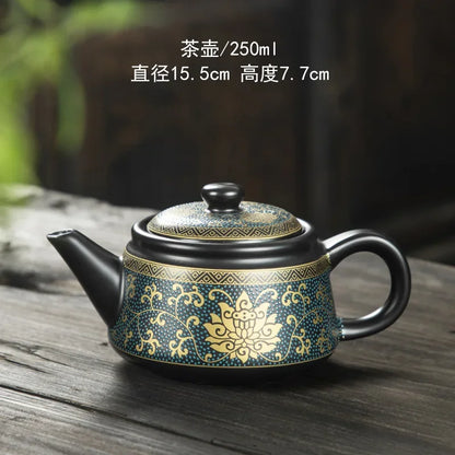 Chinese Classy Ceramic Teapot 250ml Black Teapot with Gold Inscriptions Tea Kettle Handmade Retro Gongfu Tea Pot Set Teaware