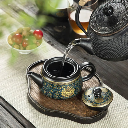 Chinese Classy Ceramic Teapot 250ml Black Teapot with Gold Inscriptions Tea Kettle Handmade Retro Gongfu Tea Pot Set Teaware