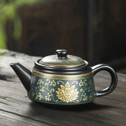 Chinese Classy Ceramic Teapot 250ml Black Teapot with Gold Inscriptions Tea Kettle Handmade Retro Gongfu Tea Pot Set Teaware