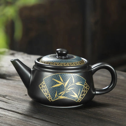 Chinese Classy Ceramic Teapot 250ml Black Teapot with Gold Inscriptions Tea Kettle Handmade Retro Gongfu Tea Pot Set Teaware