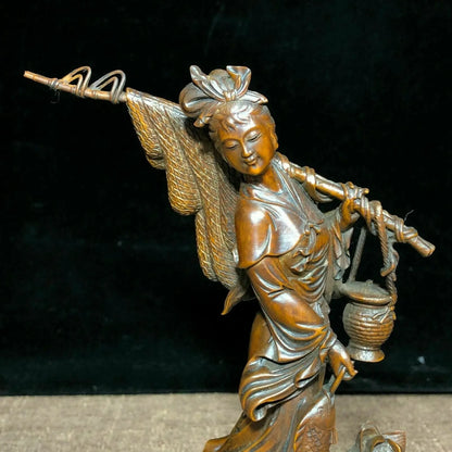 Chinese Collectible Old Boxwood Carved Lotus & Fisher Maiden Ornament Statue
