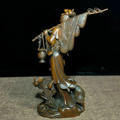 Chinese Collectible Old Boxwood Carved Lotus & Fisher Maiden Ornament Statue