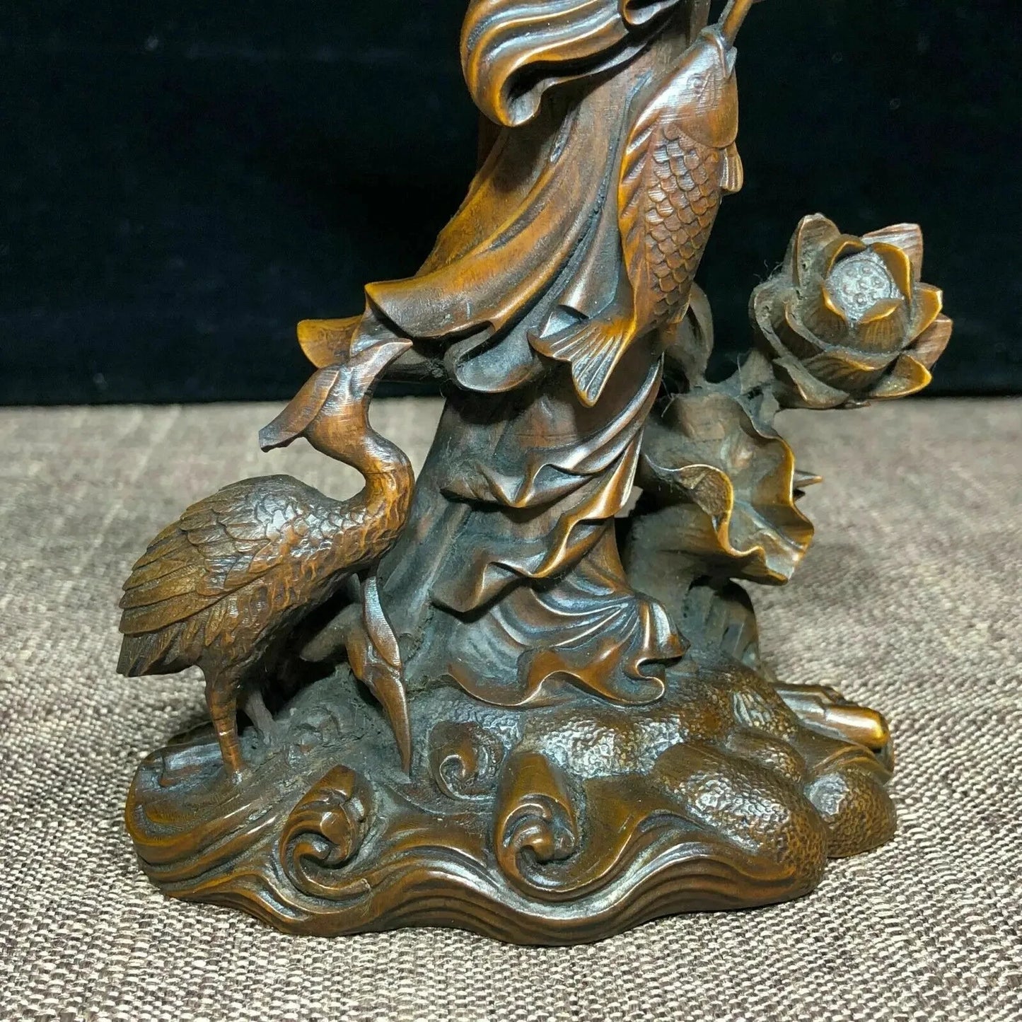 Chinese Collectible Old Boxwood Carved Lotus & Fisher Maiden Ornament Statue