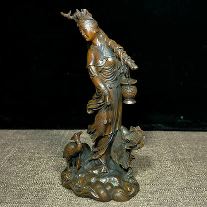 Chinese Collectible Old Boxwood Carved Lotus & Fisher Maiden Ornament Statue