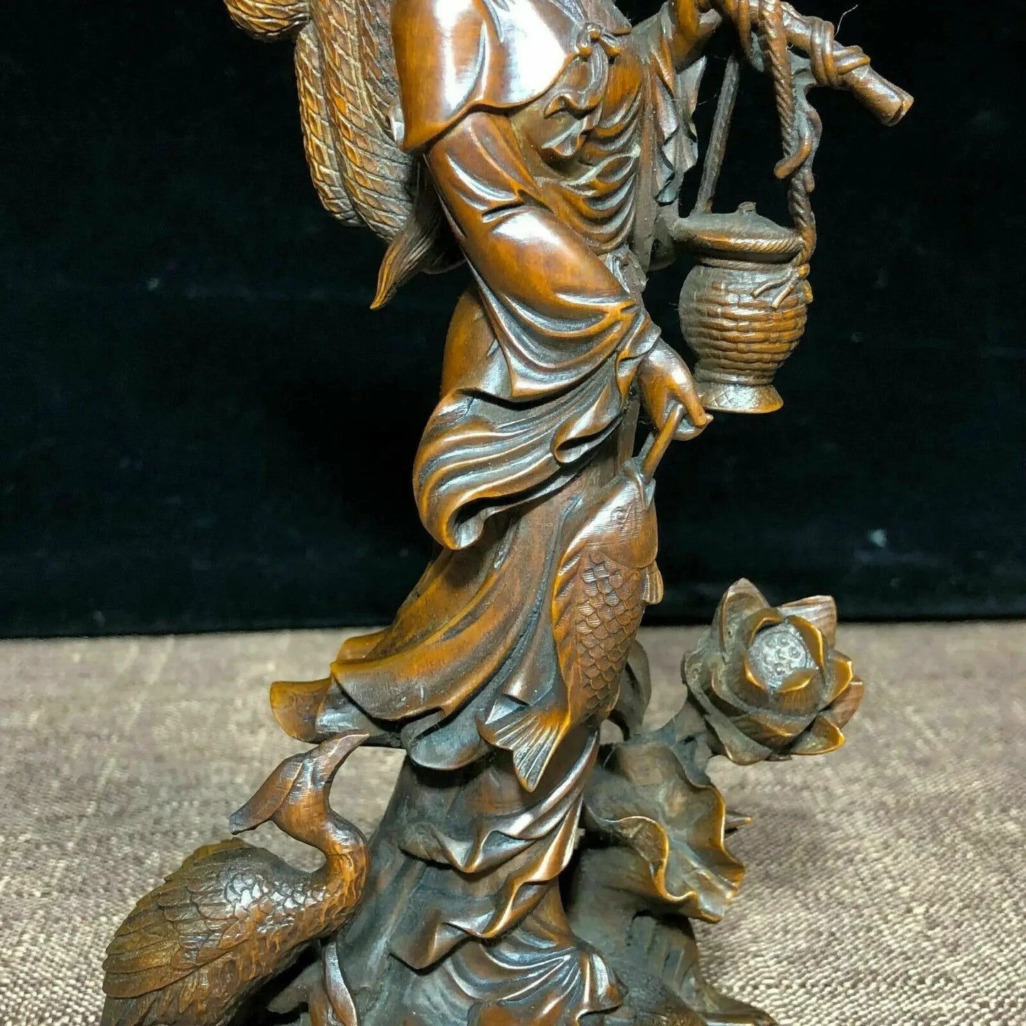 Chinese Collectible Old Boxwood Carved Lotus & Fisher Maiden Ornament Statue