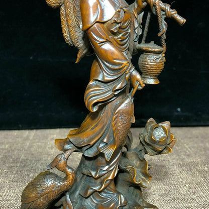 Chinese Collectible Old Boxwood Carved Lotus & Fisher Maiden Ornament Statue