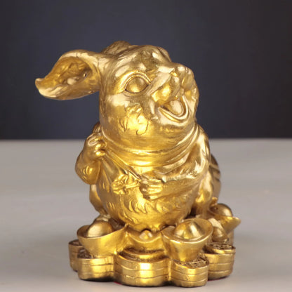 Chinese Collection Brass Wealth Chinese Zodiac Rabbit Crafts Decoration Statue