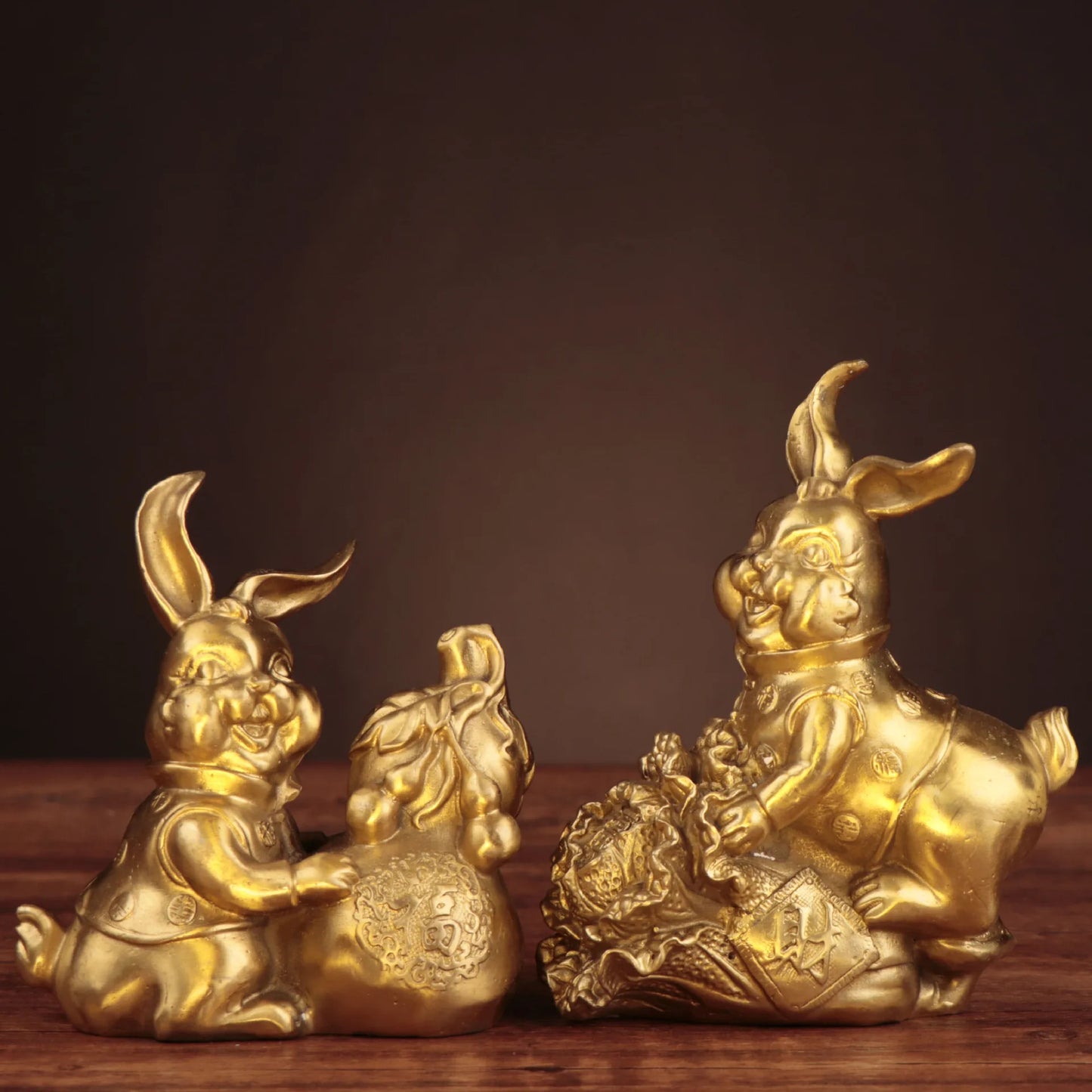 Chinese Collection Carving Brass Wealth FU Rabbit Crafts Decoration Statue A Pair