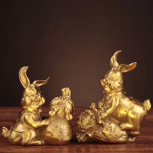 Chinese Collection Carving Brass Wealth FU Rabbit Crafts Decoration Statue A Pair