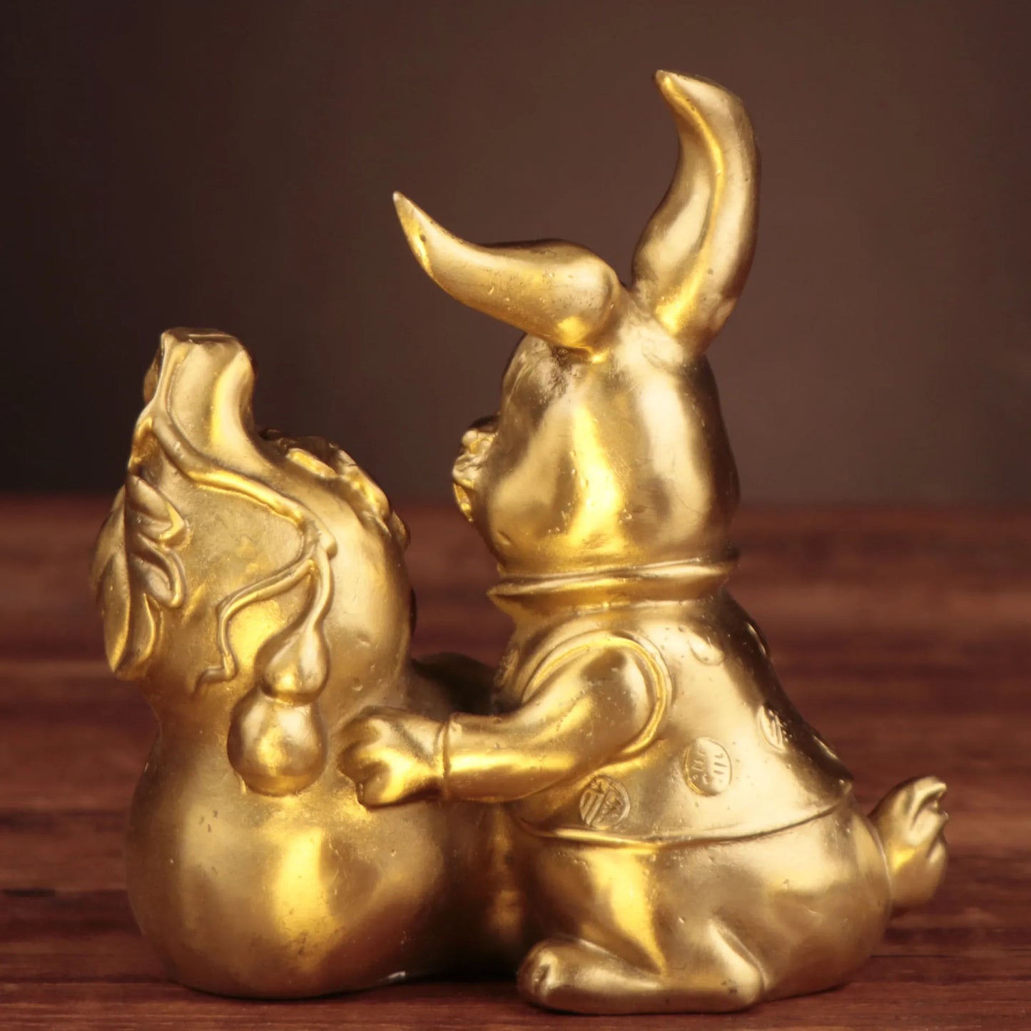 Chinese Collection Carving Brass Wealth FU Rabbit Crafts Decoration Statue A Pair