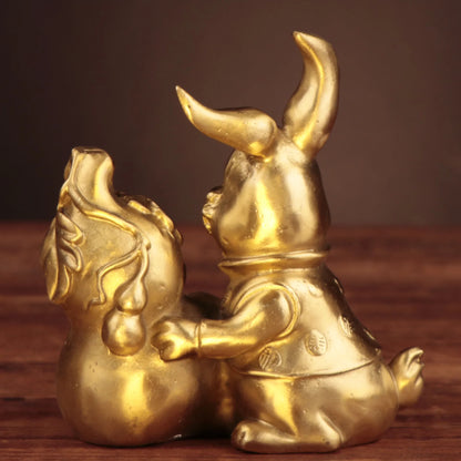 Chinese Collection Carving Brass Wealth FU Rabbit Crafts Decoration Statue A Pair