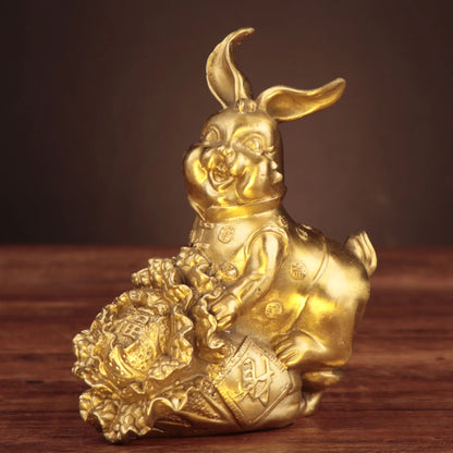 Chinese Collection Carving Brass Wealth FU Rabbit Crafts Decoration Statue A Pair