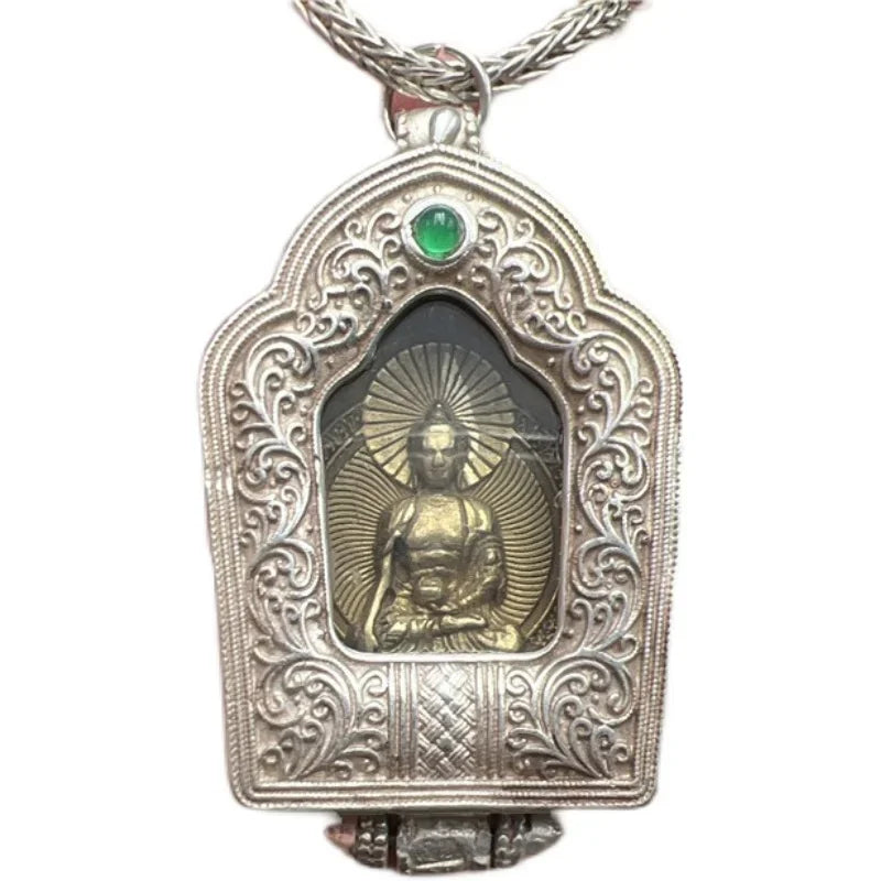 Chinese Collection Tibetan Silver Sakyamuni Buddha Statue Amulets Necklace