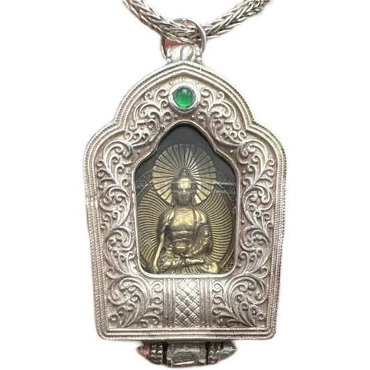 Chinese Collection Tibetan Silver Sakyamuni Buddha Statue Amulets Necklace