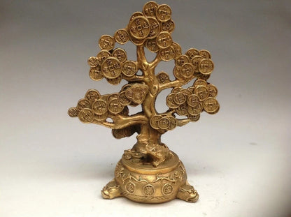 Chinese Copper Feng shui Lucky Wealth Money YuanBao Coin Tree Statue