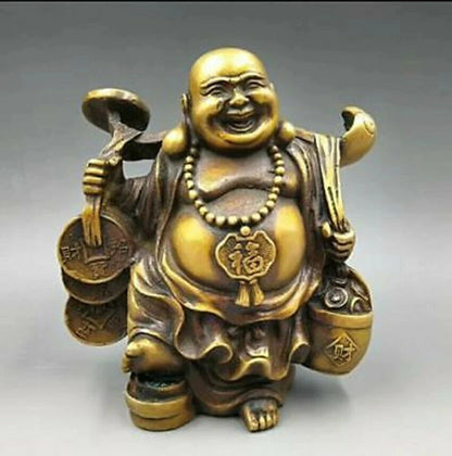 Chinese Copper Fengshui Yuanbao Wealth Happy Laugh Maitreya Buddha Statue