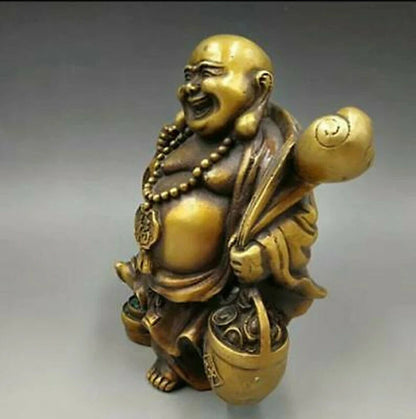 Chinese Copper Fengshui Yuanbao Wealth Happy Laugh Maitreya Buddha Statue