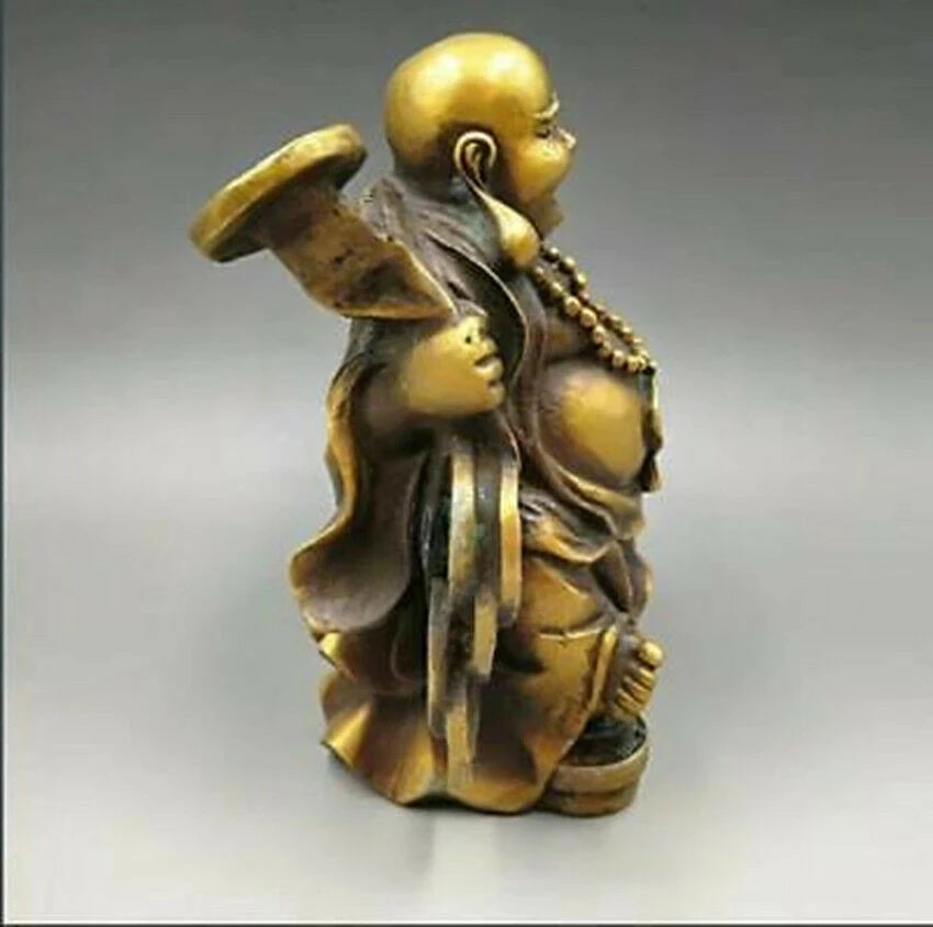 Chinese Copper Fengshui Yuanbao Wealth Happy Laugh Maitreya Buddha Statue