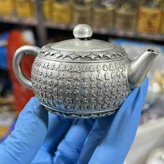 Chinese Copper Silver Plated Carved Prajnaparami Heart Sutra Mini Teapot Decoration Crafts