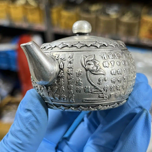 Chinese Copper Silver Plated Carved Prajnaparami Heart Sutra Mini Teapot Decoration Crafts