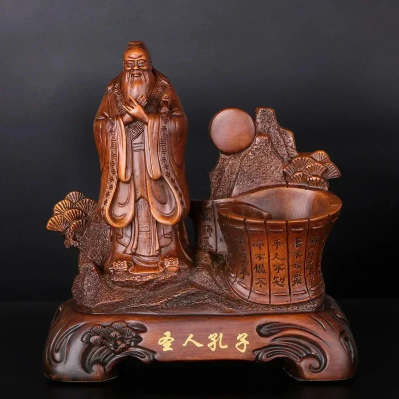 Chinese Creative Peach and Plum Blossoms Fill the World, Sage Confucius Art Pen Holder Business Gift for Teacher's Day Gift
