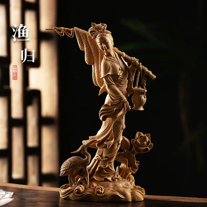 Chinese Culture Statue Beauty Fishing Boxwood Carving Character Wood Statue Home Decoration Features Chinese Ornaments