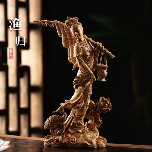 Chinese Culture Statue Beauty Fishing Boxwood Carving Character Wood Statue Home Decoration Features Chinese Ornaments