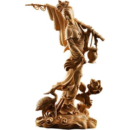Chinese Culture Statue Beauty Fishing Boxwood Carving Character Wood Statue Home Decoration Features Chinese Ornaments