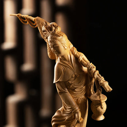 Chinese Culture Statue Beauty Fishing Boxwood Carving Character Wood Statue Home Decoration Features Chinese Ornaments