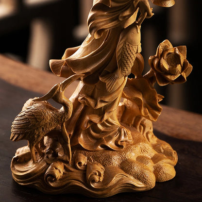 Chinese Culture Statue Beauty Fishing Boxwood Carving Character Wood Statue Home Decoration Features Chinese Ornaments