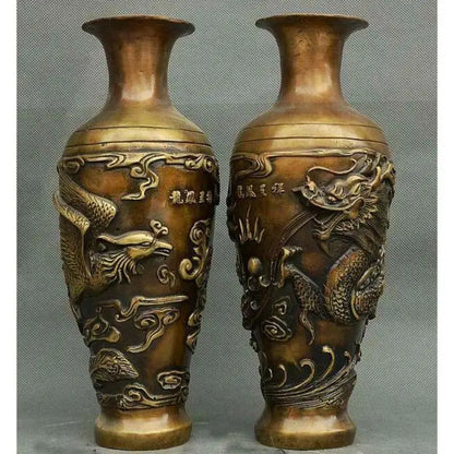 Chinese Dynasty Palace Bronze Copper Feng shui Wealth Dragon Phoenix Bottle Vase
