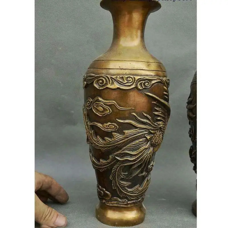 Chinese Dynasty Palace Bronze Copper Feng shui Wealth Dragon Phoenix Bottle Vase