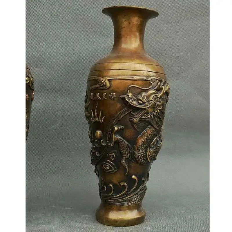 Chinese Dynasty Palace Bronze Copper Feng shui Wealth Dragon Phoenix Bottle Vase